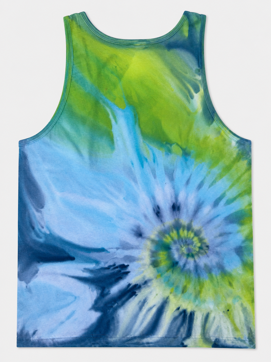 Back of Lagoon Bloom singlet with flowing green, turquoise and blue dye