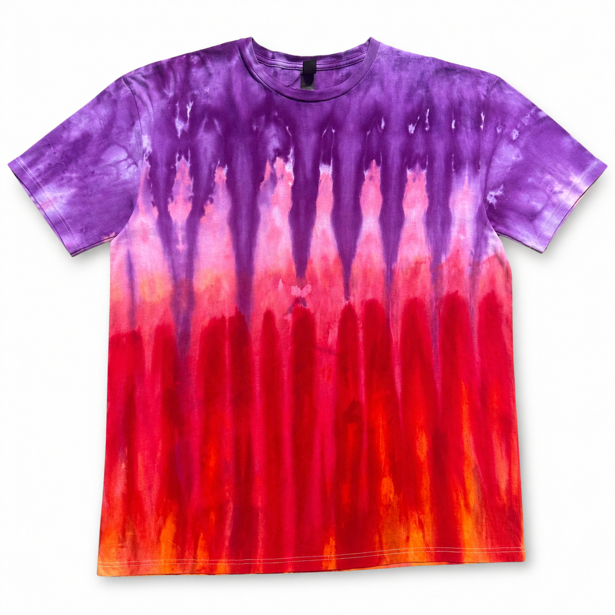 Front of Violet Inferno T-shirt with violet, pink, red and orange vertical colour movement