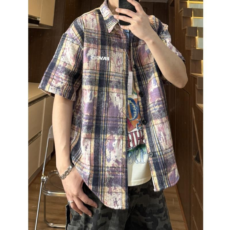 Men's Tie-Dye Embroidered Shirt - Short Sleeve Checkered Summer Casual - Dye My World