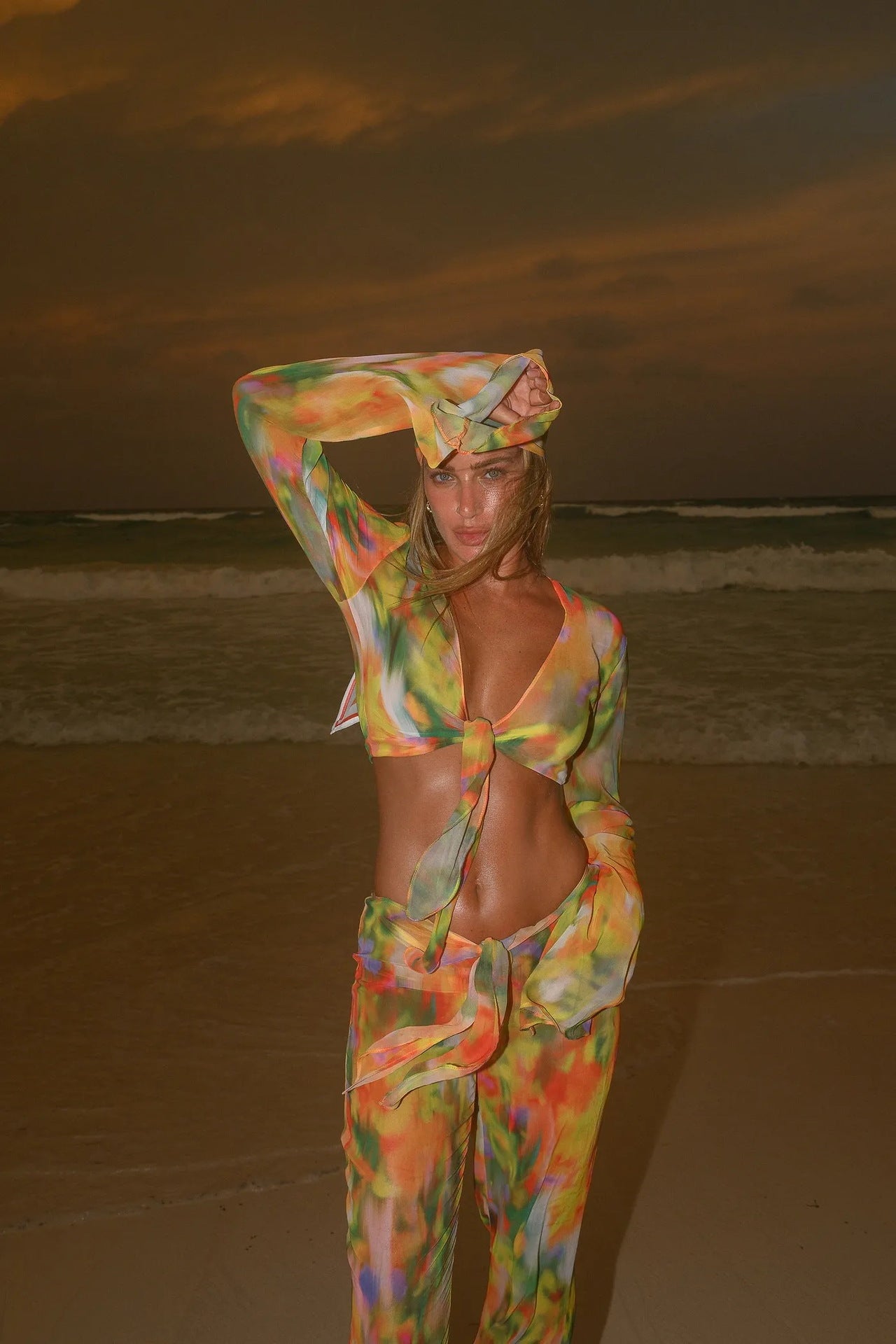 Tie-Dye Beach Set – Striped Chiffon Belted Top and Pants - Dye My World