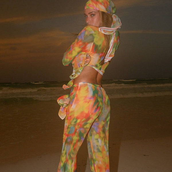 Tie-Dye Beach Set – Striped Chiffon Belted Top and Pants