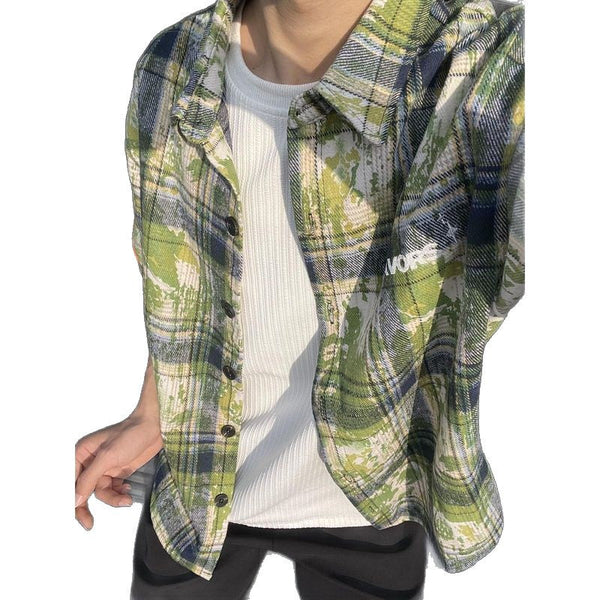 Men’s Tie‑Dye Embroidered Checkered Shirt – Casual Streetwear