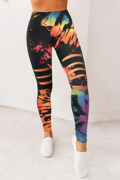 Multicolor Tie-Dye Fitness Leggings – Women's Activewear with Hollow Out Design