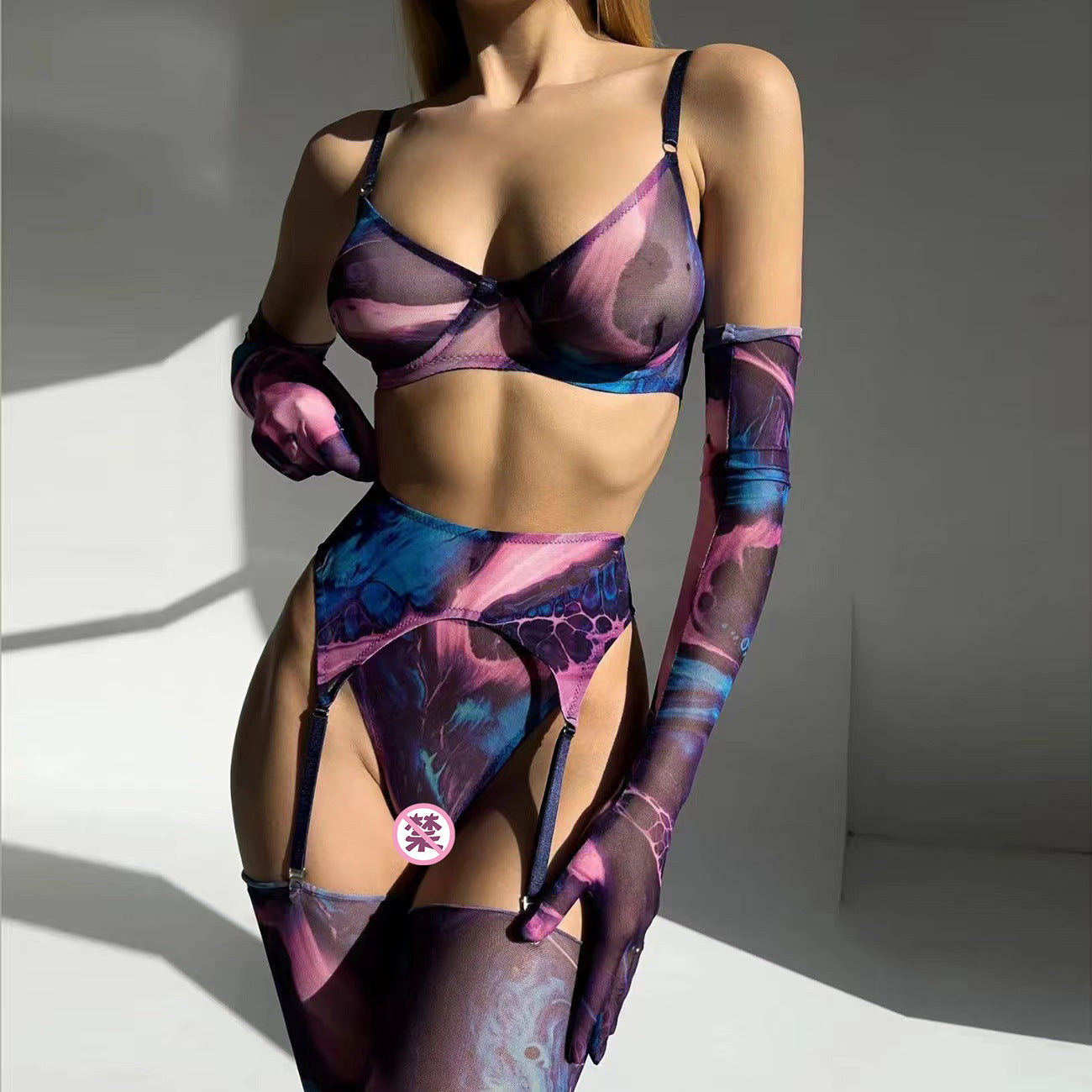 Women’s Tie-Dye Lingerie Set - Five-Piece Mesh Ensemble - Dye My World