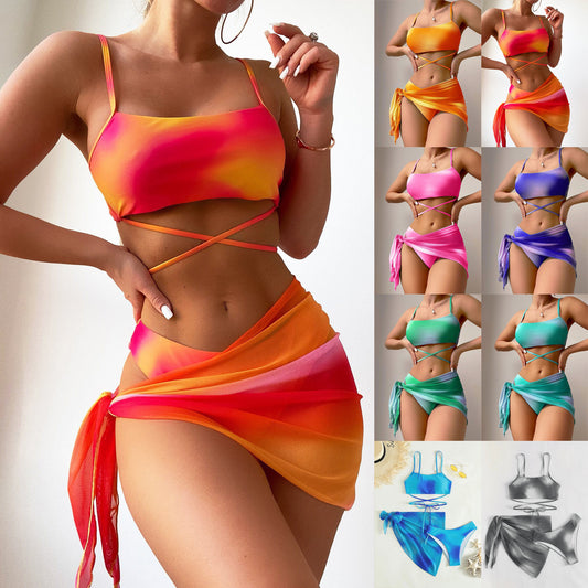 Women's Tie-Dye Bikini Set with Mesh Skirt - Three-Piece Swimwear - Dye My World