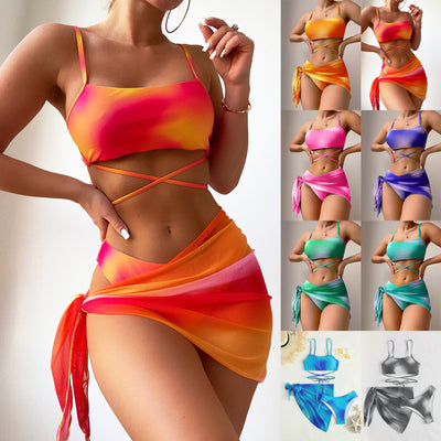 Women's Tie-Dye Bikini Set with Mesh Skirt - Three-Piece Swimwear