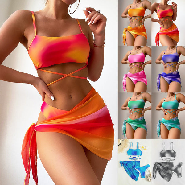 Women's Tie-Dye Bikini Set with Mesh Skirt - Three-Piece Swimwear
