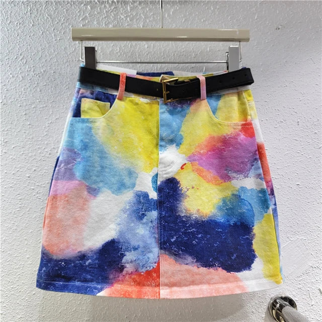 Women's Tie-Dye Denim Skirt - Mid to High Waist A-Line Color Block Trendy Style - Dye My World