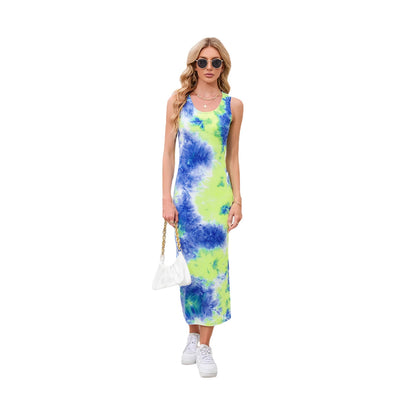 Sexy Sleeveless Tie‑Dye Fitted Long Dress – Round Neck & Straps