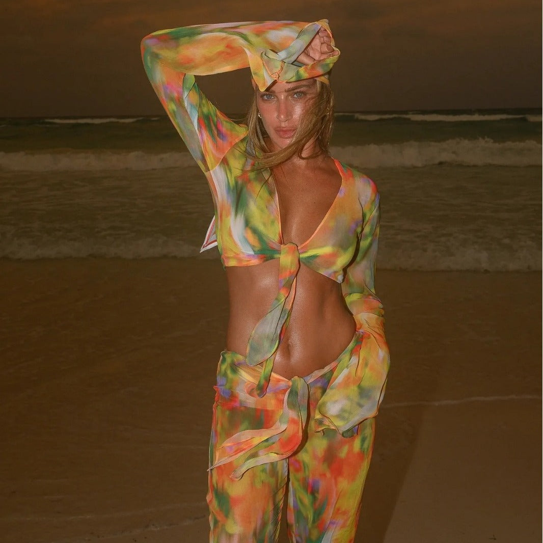 Tie-Dye Beach Set – Striped Chiffon Belted Top and Pants - Dye My World