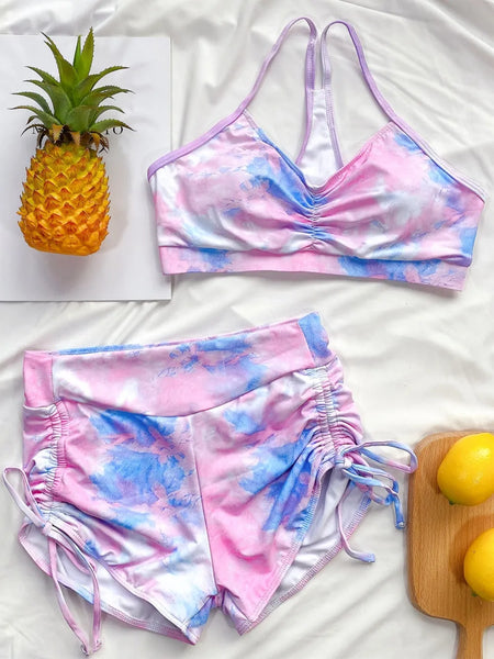 Tie-Dye Spaghetti Strap Top & Drawstring Shorts Swim Set