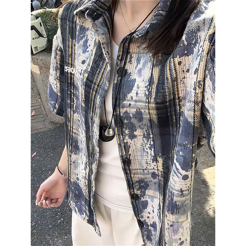 Men's Tie-Dye Embroidered Shirt - Short Sleeve Checkered Summer Casual - Dye My World