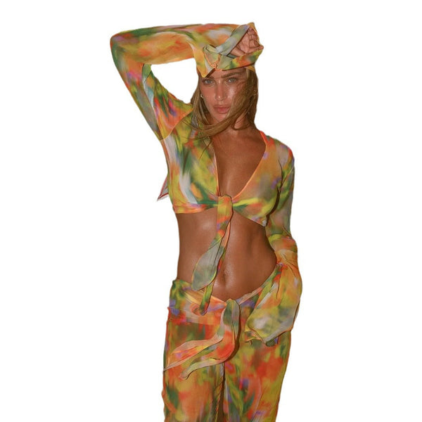 Tie-Dye Beach Set – Striped Chiffon Belted Top and Pants