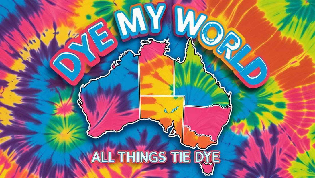 Colorful tie-dye pattern with 'Dye My World' text and a map of Australia.
