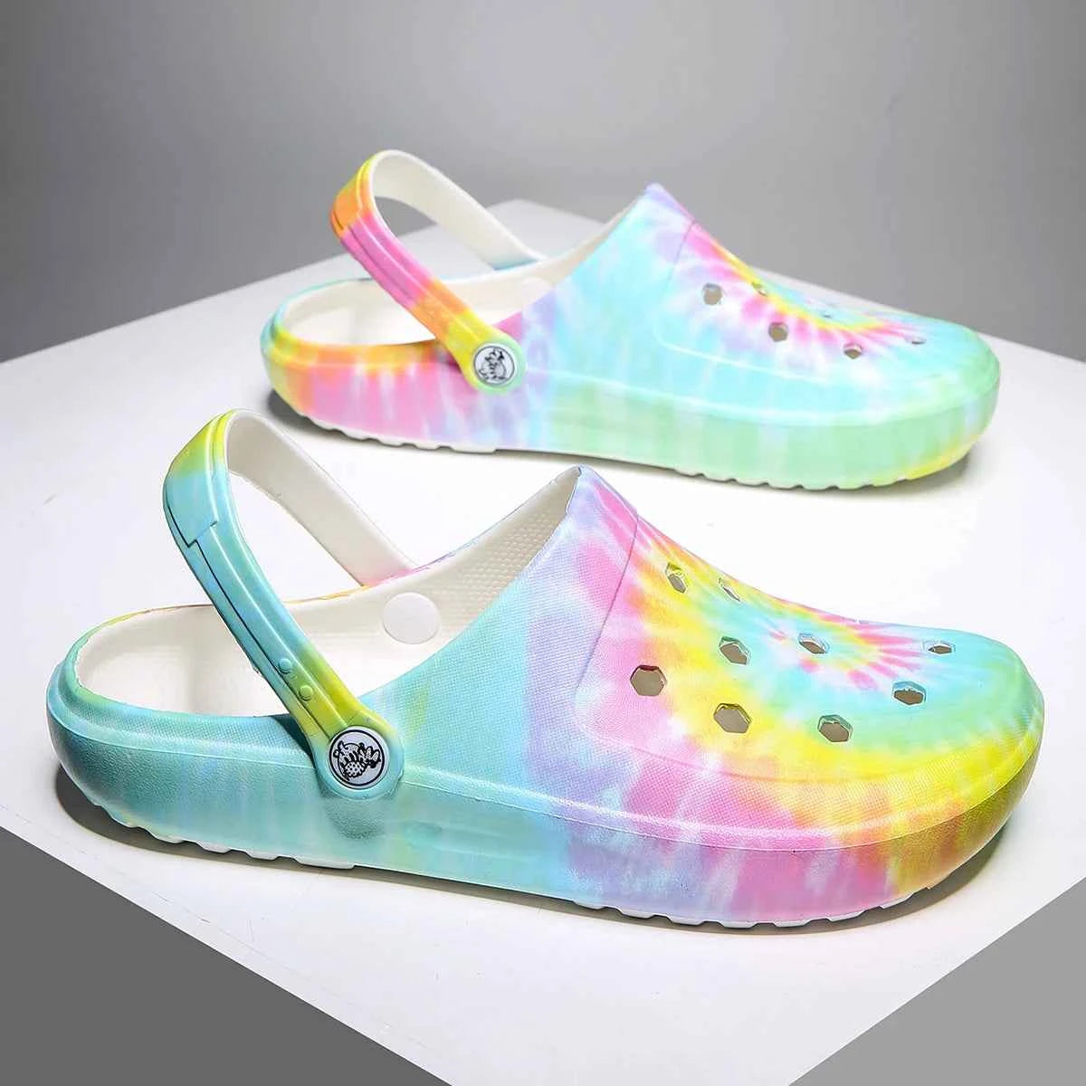 Tie-Dye Garden Clogs for Women - Lightweight Non-Slip Slip-On Comfortable Two-Way Wear Beach Slides