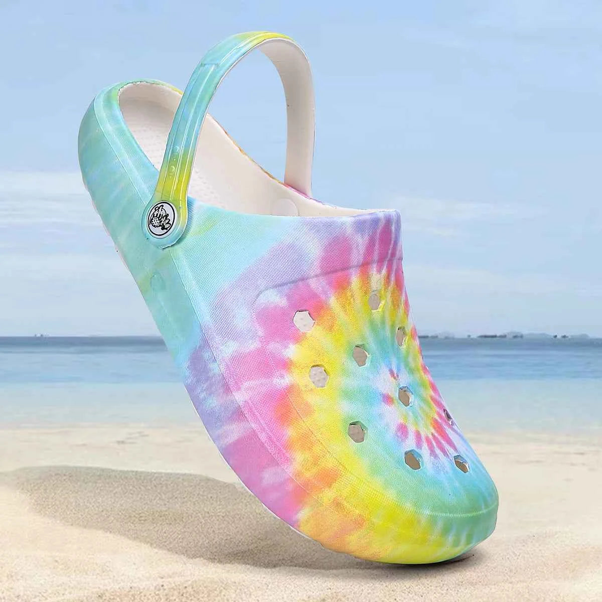 Tie-Dye Garden Clogs for Women - Lightweight Non-Slip Slip-On Comfortable Two-Way Wear Beach Slides