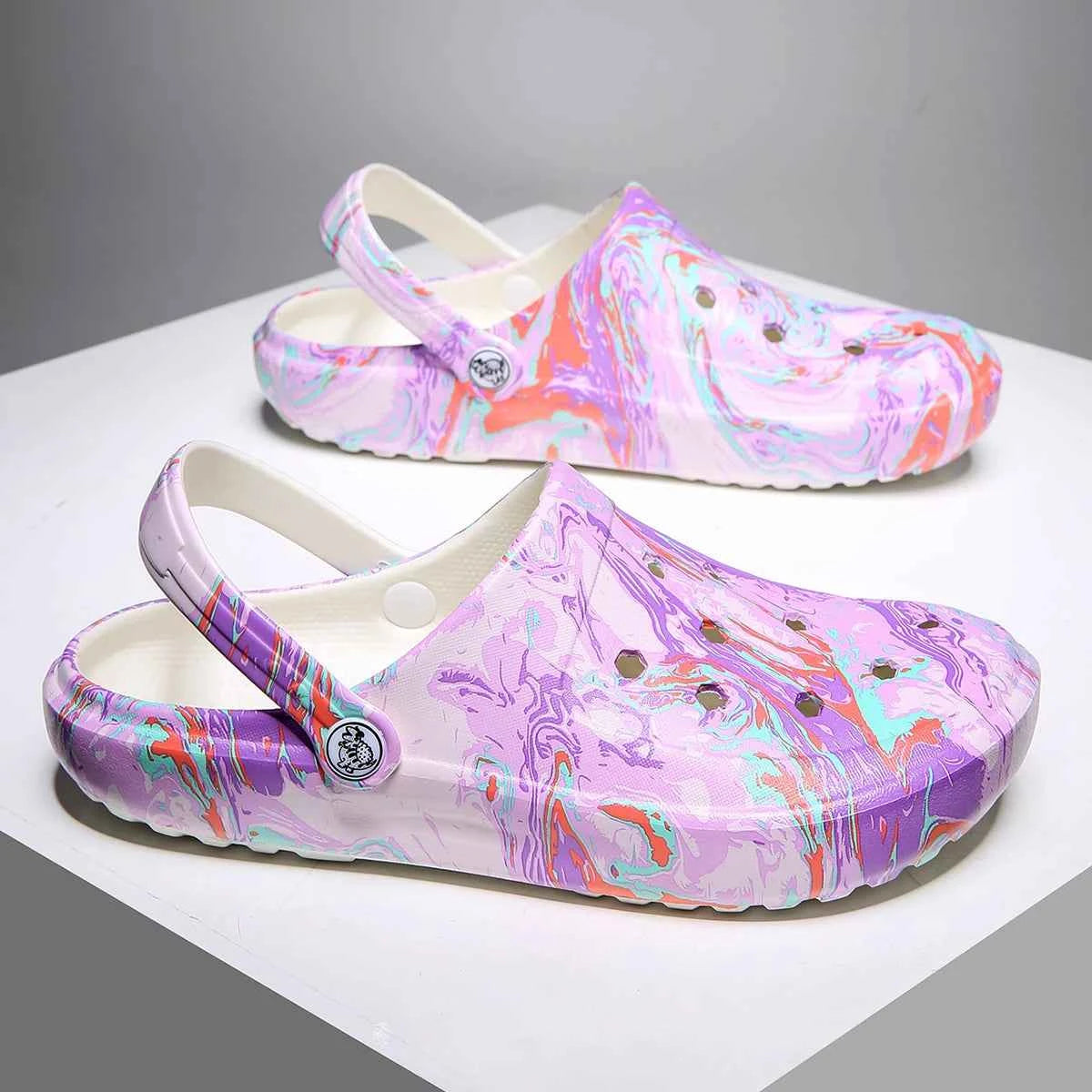 Tie-Dye Garden Clogs for Women - Lightweight Non-Slip Slip-On Comfortable Two-Way Wear Beach Slides