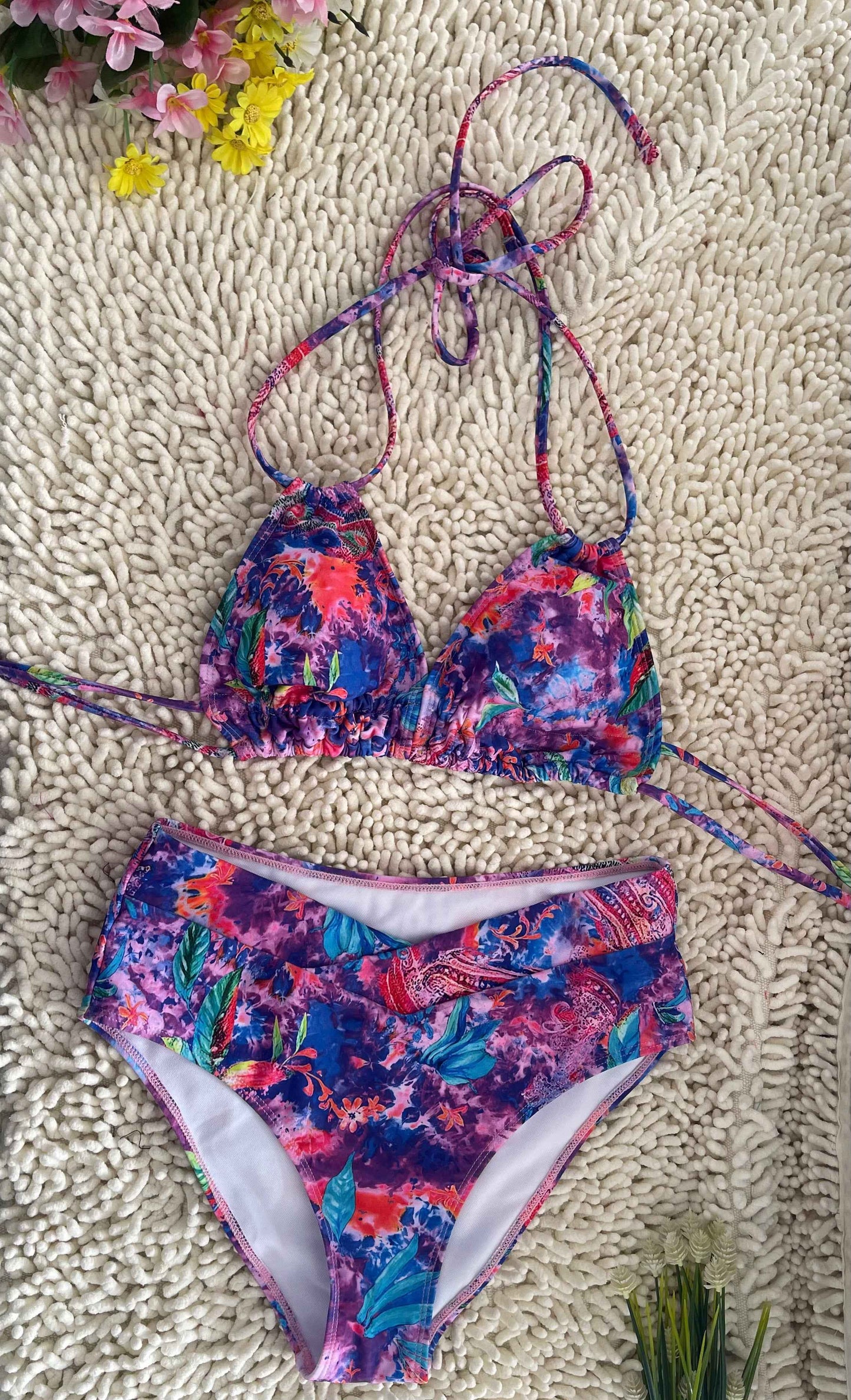 Double Strap Tie-Dye Bikini Deep V - Cosmic Pattern Print Swimwear Size S