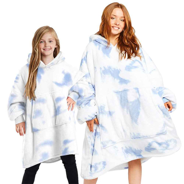 Oversized Blue Tie-Dye Hoodie Blanket – Plush Fleece Pullover Hoodie for Adults
