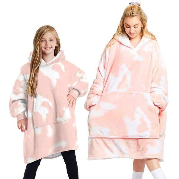 Oversized Pink Tie-Dye Hoodie Blanket – Plush Fleece Pullover Hoodie for Adults