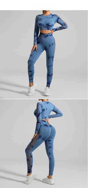 Dark Blue Tie-Dye Activewear Power Set for Women – Seamless Size L