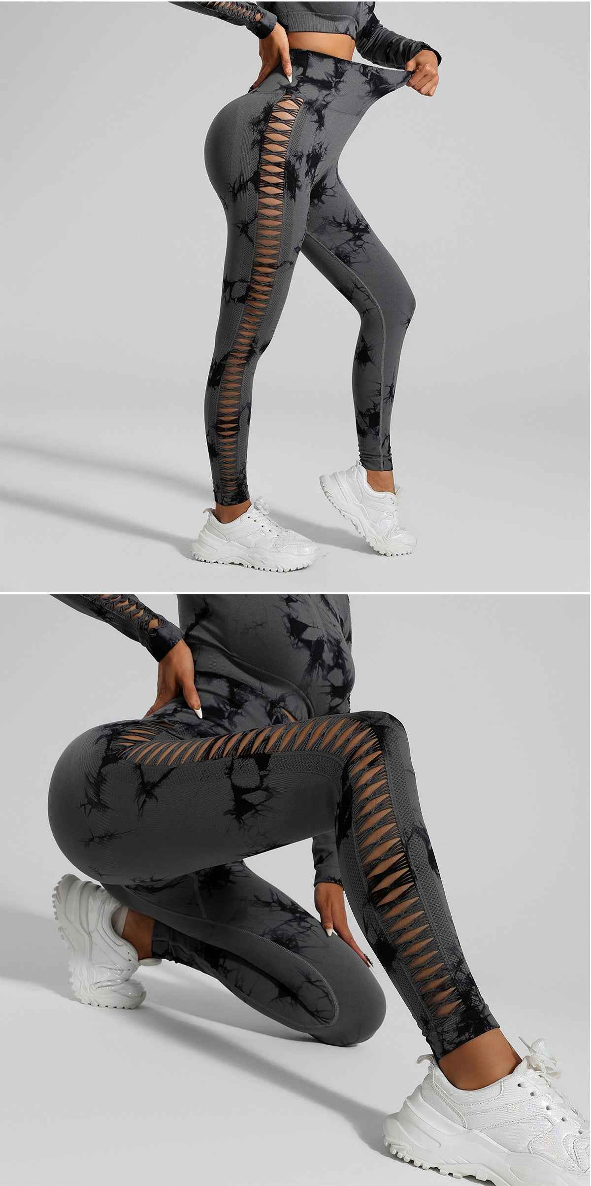 Dark Grey Tie-Dye Activewear Power Set – Women’s Seamless Activewear, Size L