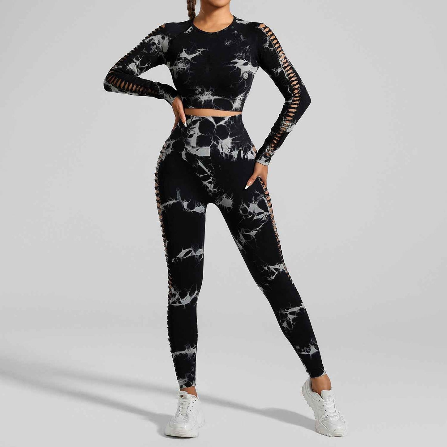 Black Grey Tie-Dye Power Set – Seamless Long Sleeve and Leggings in Size M