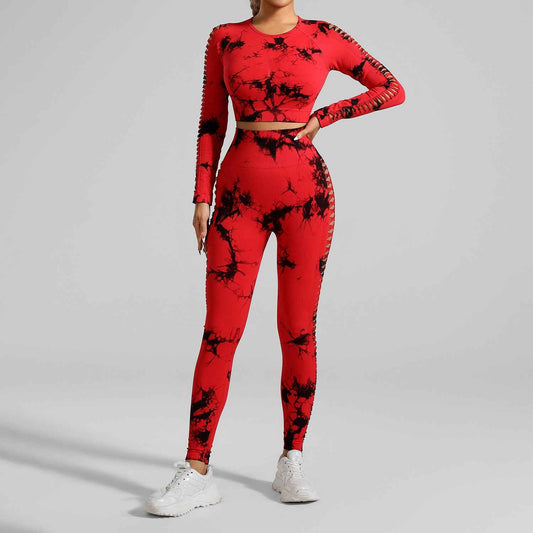 Red and Black Tie-Dye Activewear Power Set – Seamless Design, Size S