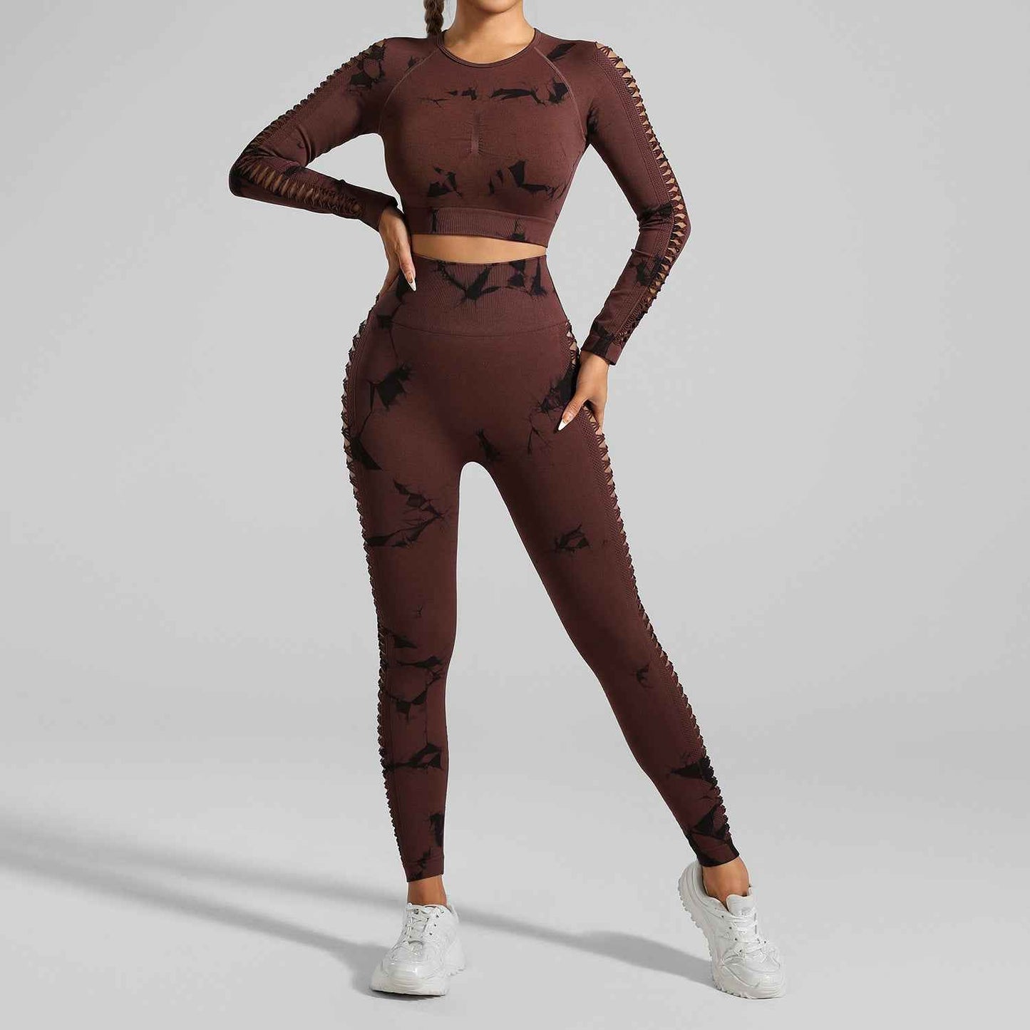 Brown Black Tie-Dye Activewear Set - Seamless Size L for Maximum Comfort and Style