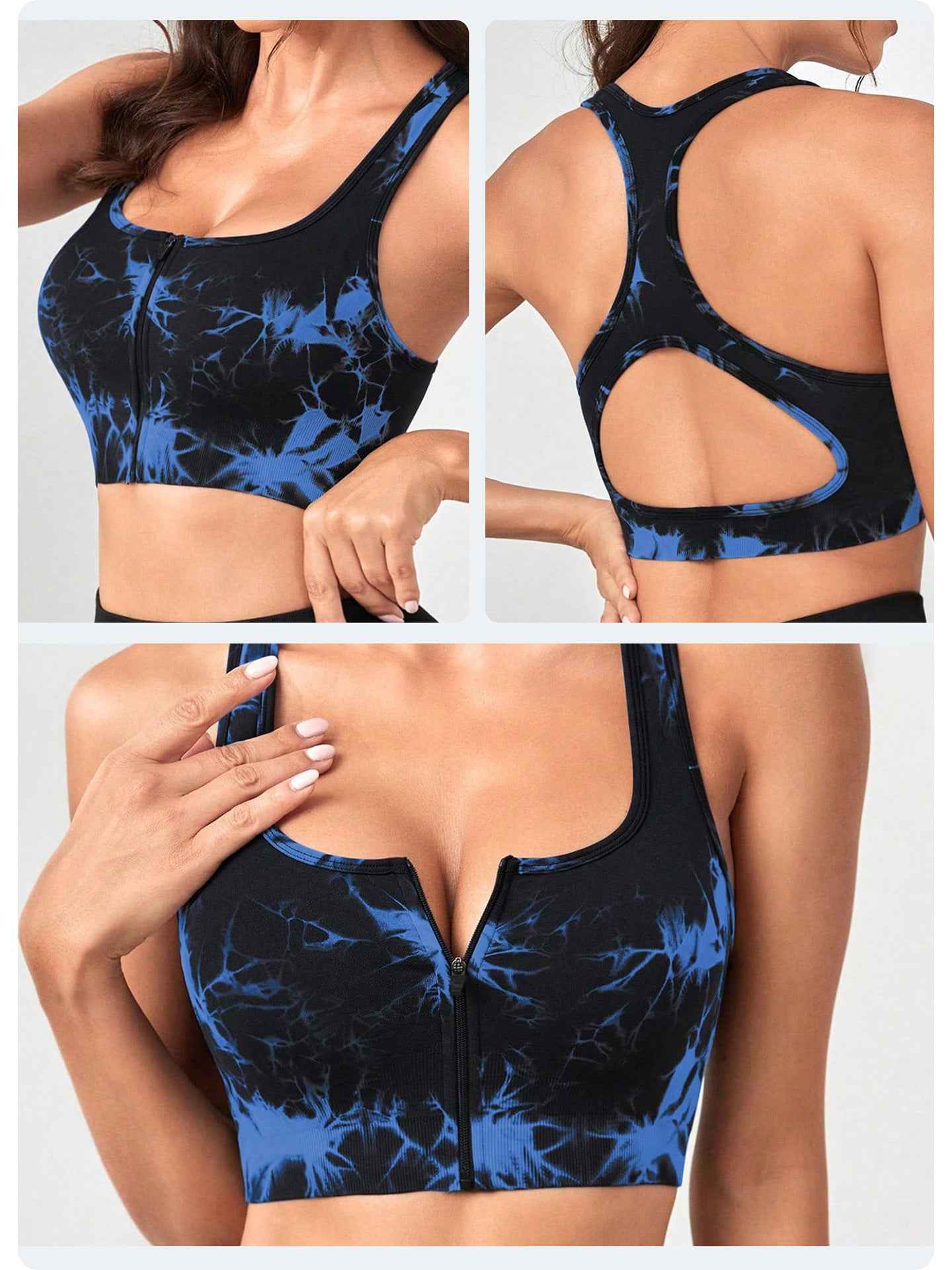 Voltage Blue Tie-Dye Sports Bra - Zip Front with Push-Up Support, Size M