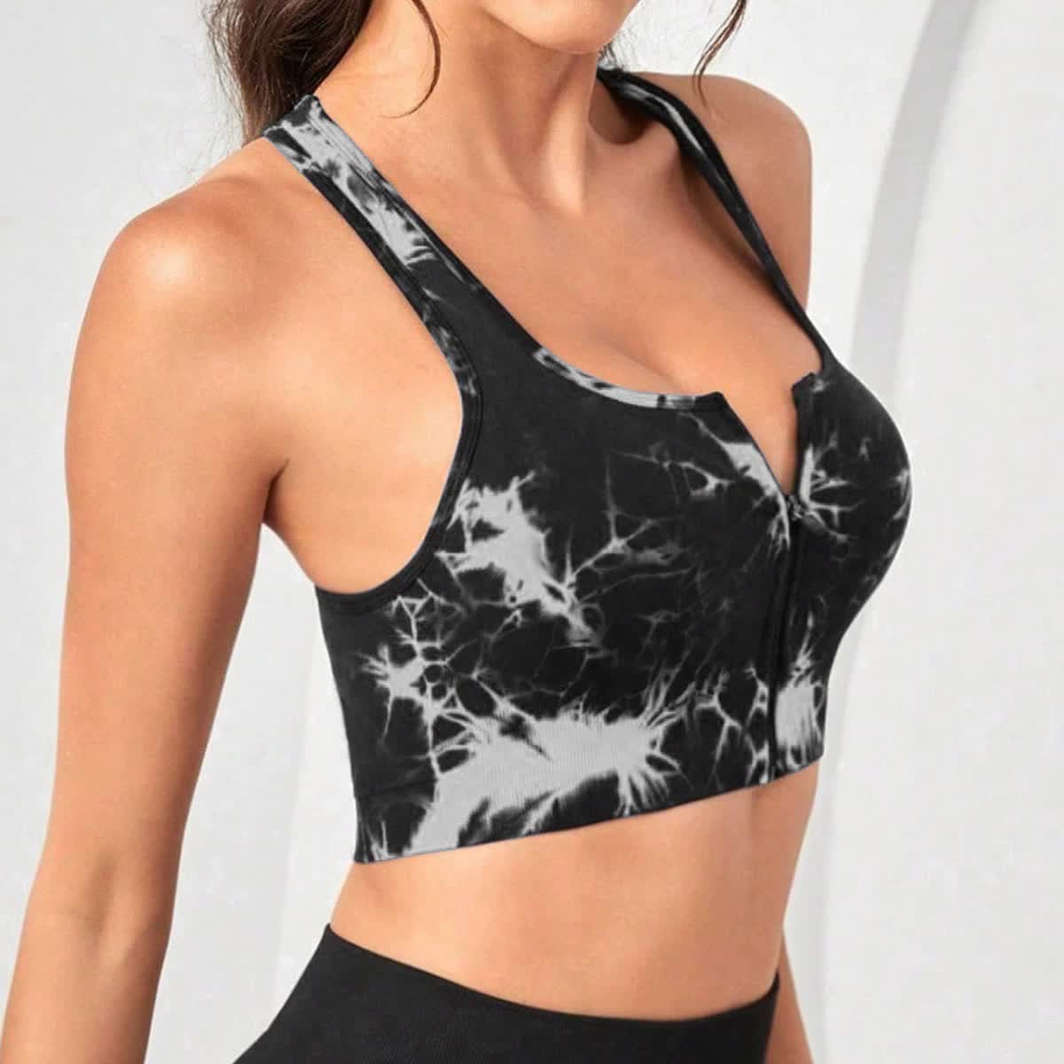 Voltage Bra - Black Tie-Dye Sports Bra with Zip-Up and Push-Up, Size L - Dye My World