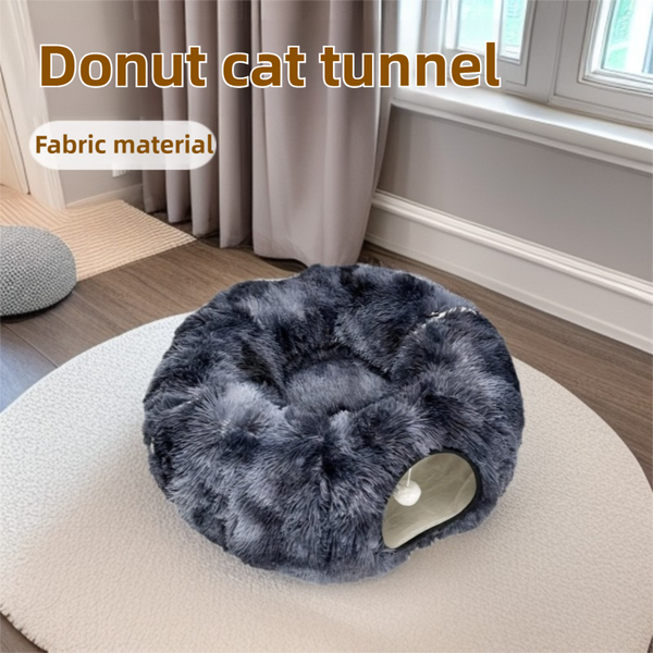 2-in-1 Dark Blue Cat Tunnel Bed - Spacious 85cm Donut-Shaped Pet Play Tunnel & Lounger for Cats & Kittens