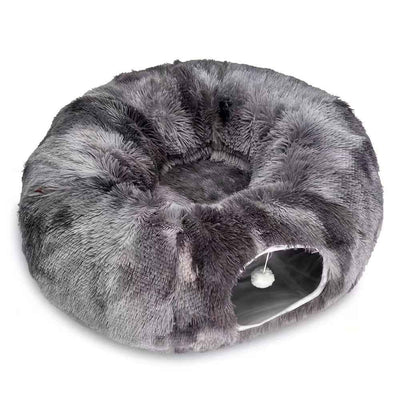 2-in-1 Dark Grey Cat Tunnel Bed - Spacious 85cm Donut-Shaped Pet Play Tunnel & Lounger for Cats & Kittens