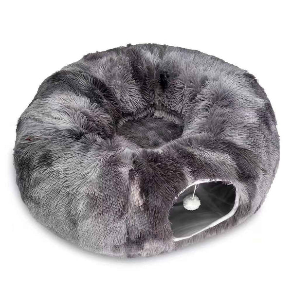 2-in-1 Dark Grey Cat Tunnel Bed - Spacious 85cm Donut-Shaped Pet Play Tunnel & Lounger for Cats & Kittens
