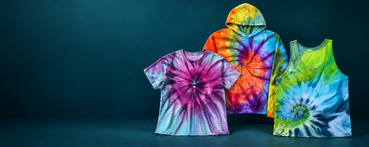 Rainbow Radiance hoodie, Northern Lights T-shirt and Lagoon Bloom singlet grouped against a dark teal background.