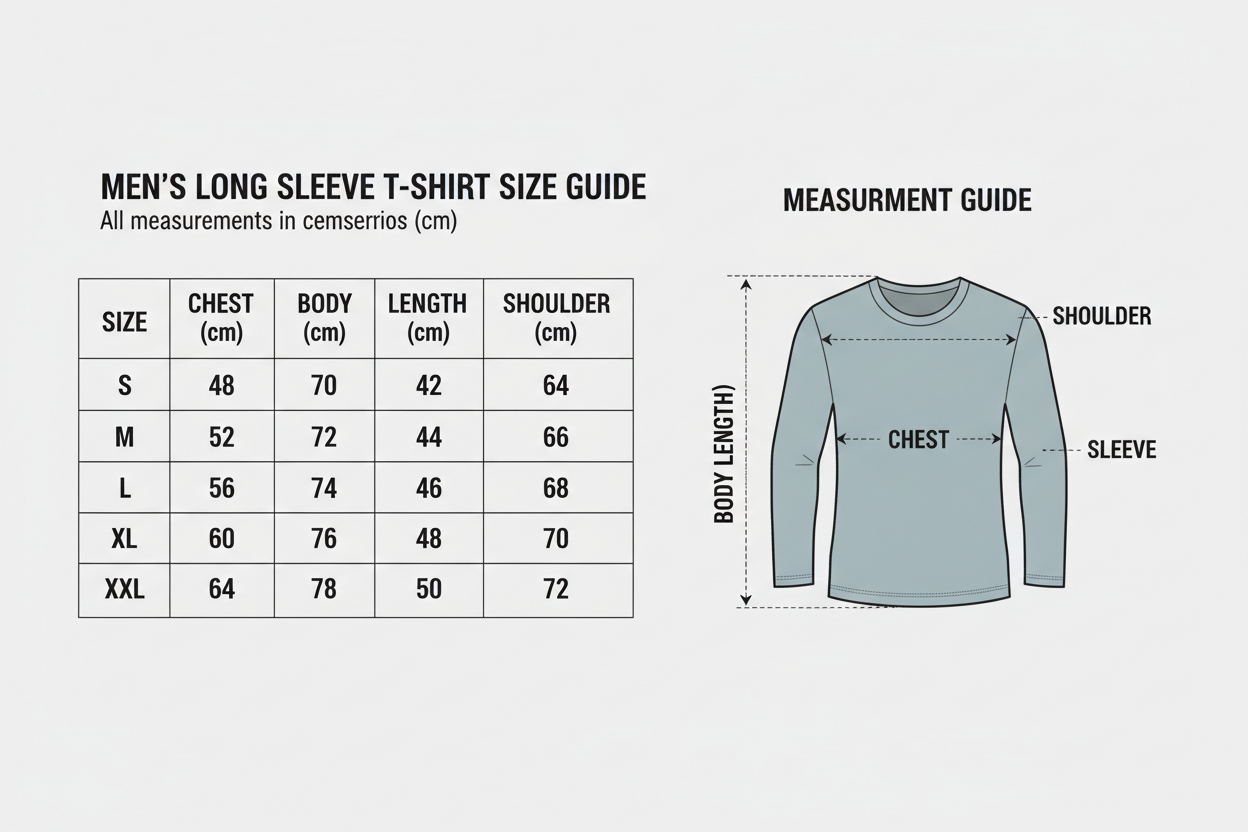 size chart in cm for mens long sleeve tshirt and measurement guide